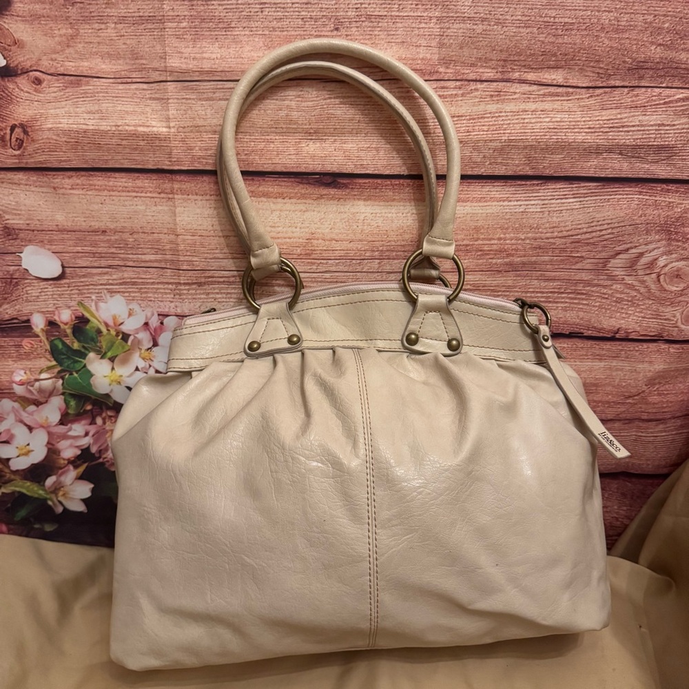 Liz & Co Stone Leather Satchel Cream Shoulder Bag